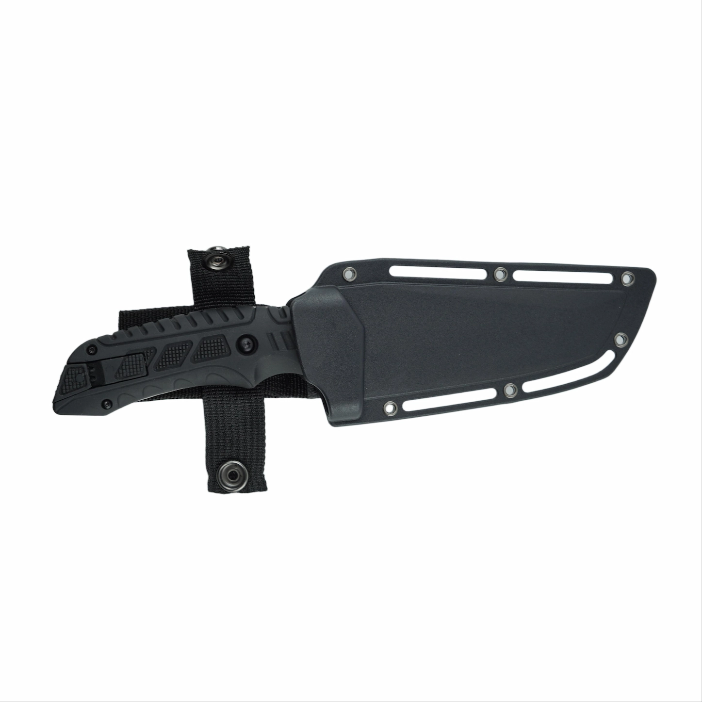 Profile view of a tactical fixed blade outdoor knife secured inside its black hard sheath with a nylon strap system, isolated on white background. KL-OD-SS-024