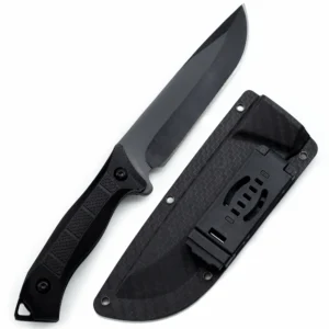 Full black tactical fixed blade knife displayed alongside its carbon fiber pattern sheath, isolated on white background. KL-OD-TI-018