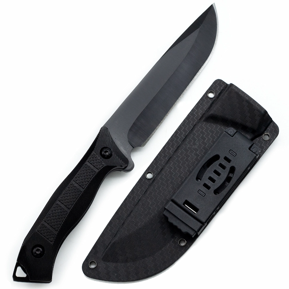 Full black tactical fixed blade knife displayed alongside its carbon fiber pattern sheath, isolated on white background. KL-OD-TI-018