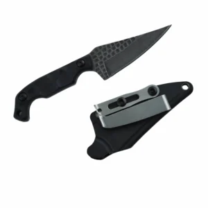 Top view of a tactical fixed blade EDC knife with a honeycomb blackwash blade alongside its black Kydex sheath with an adjustable metal belt clip, isolated on white background. KL-OD-SS-026