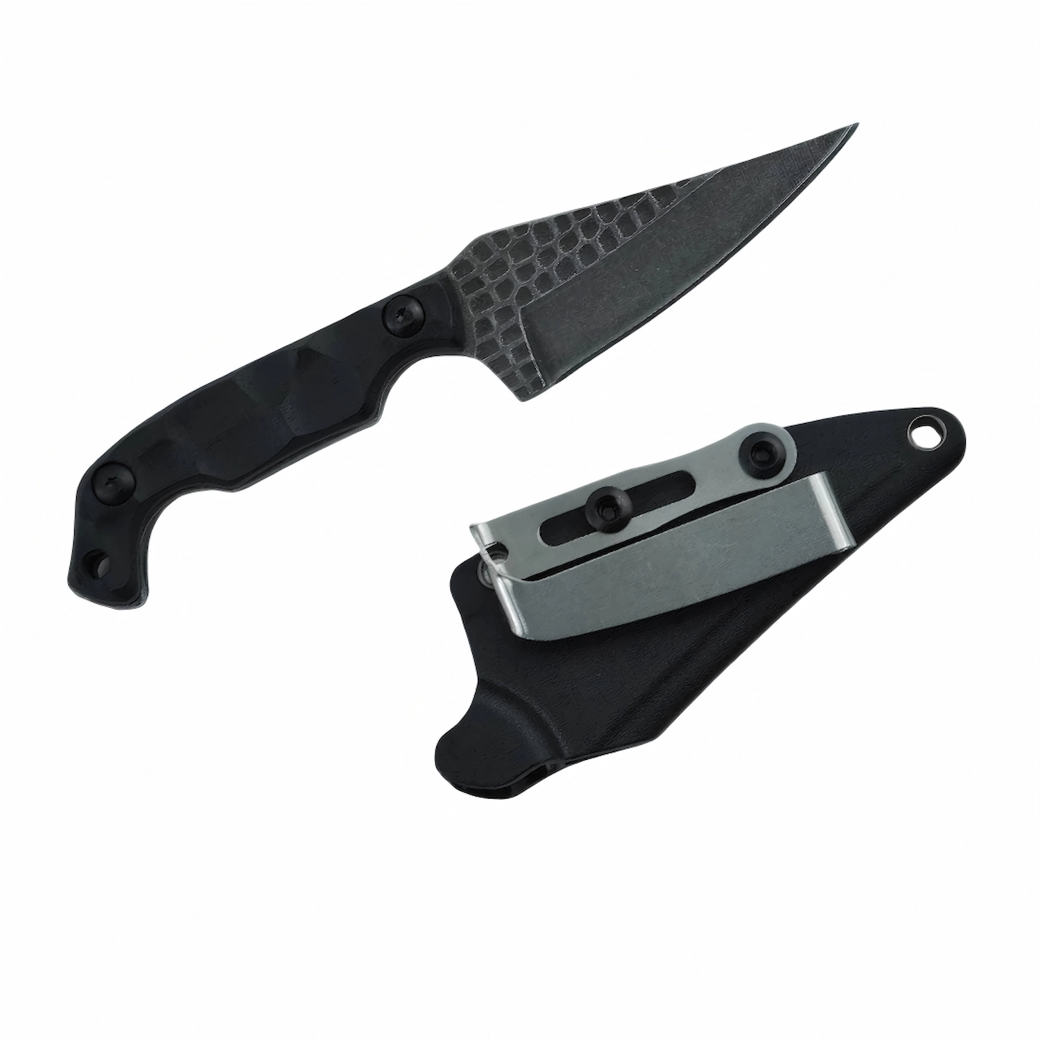 Top view of a tactical fixed blade EDC knife with a honeycomb blackwash blade alongside its black Kydex sheath with an adjustable metal belt clip, isolated on white background. KL-OD-SS-026