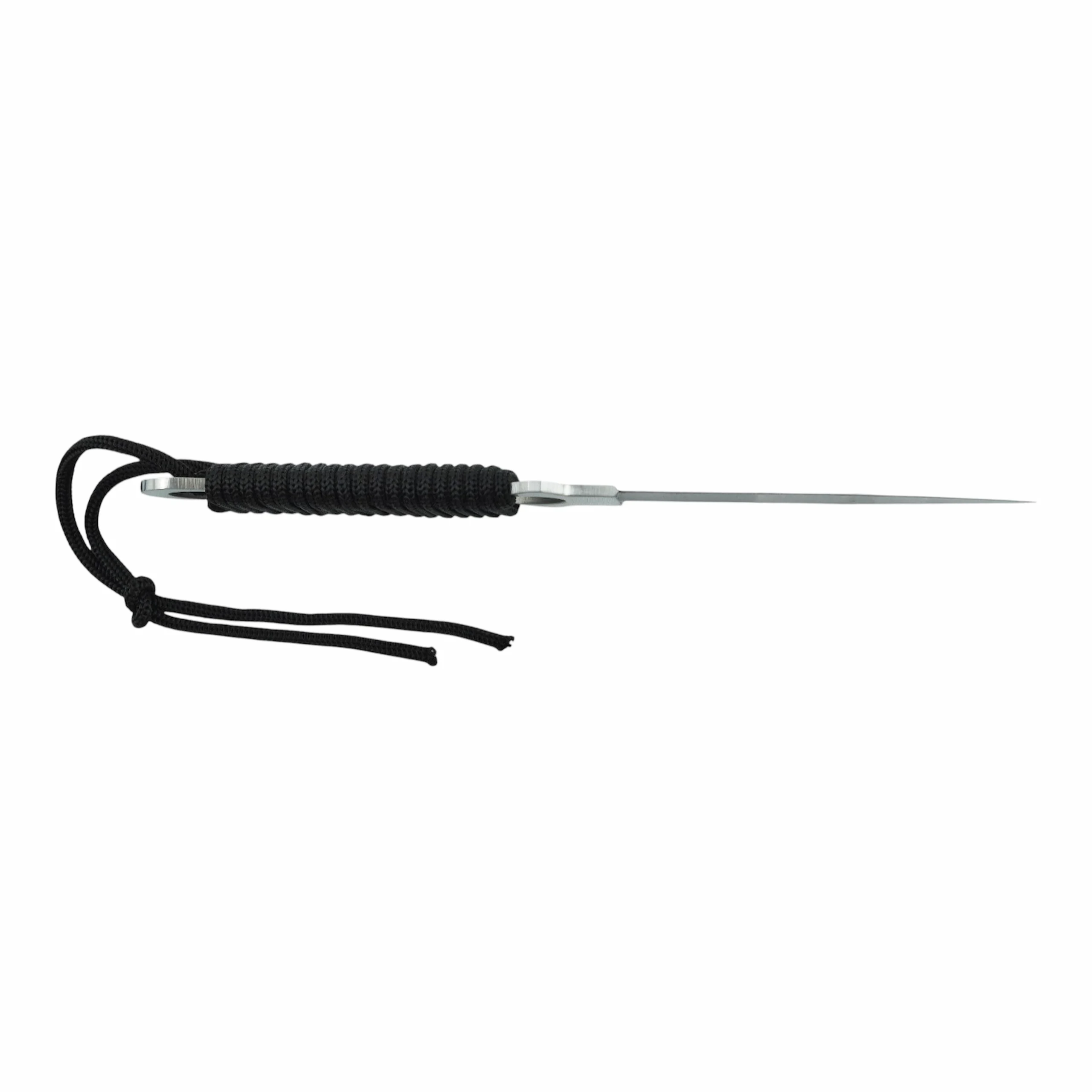 Spine view showing the slim full-tang construction and paracord handle wrap of a tactical fixed blade knife, isolated on white background. KL-OD-SS-021