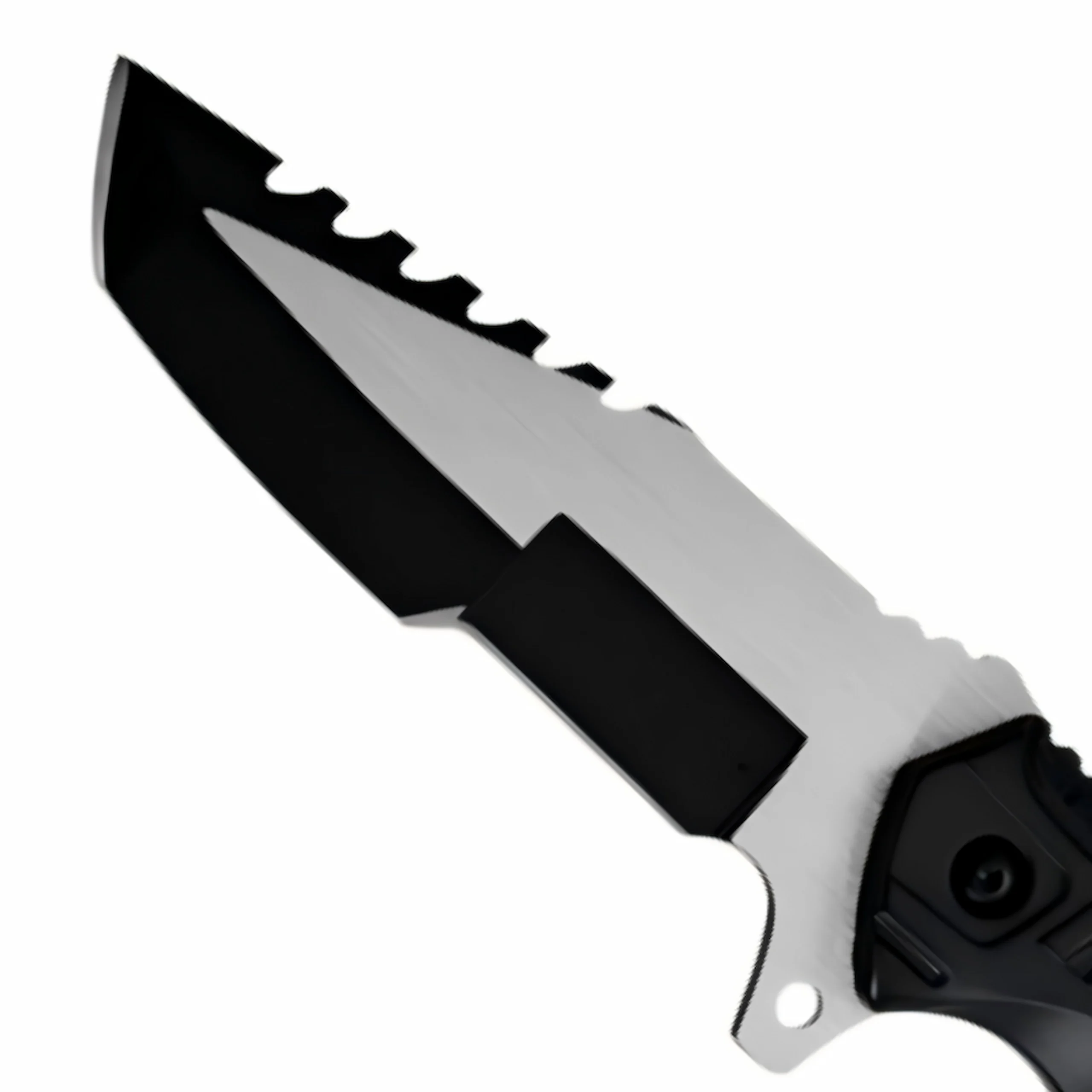 Close-up of the two-tone satin and black finished blade with a heavy serrated spine on a tactical fixed blade knife, isolated on white background. KL-OD-SS-024