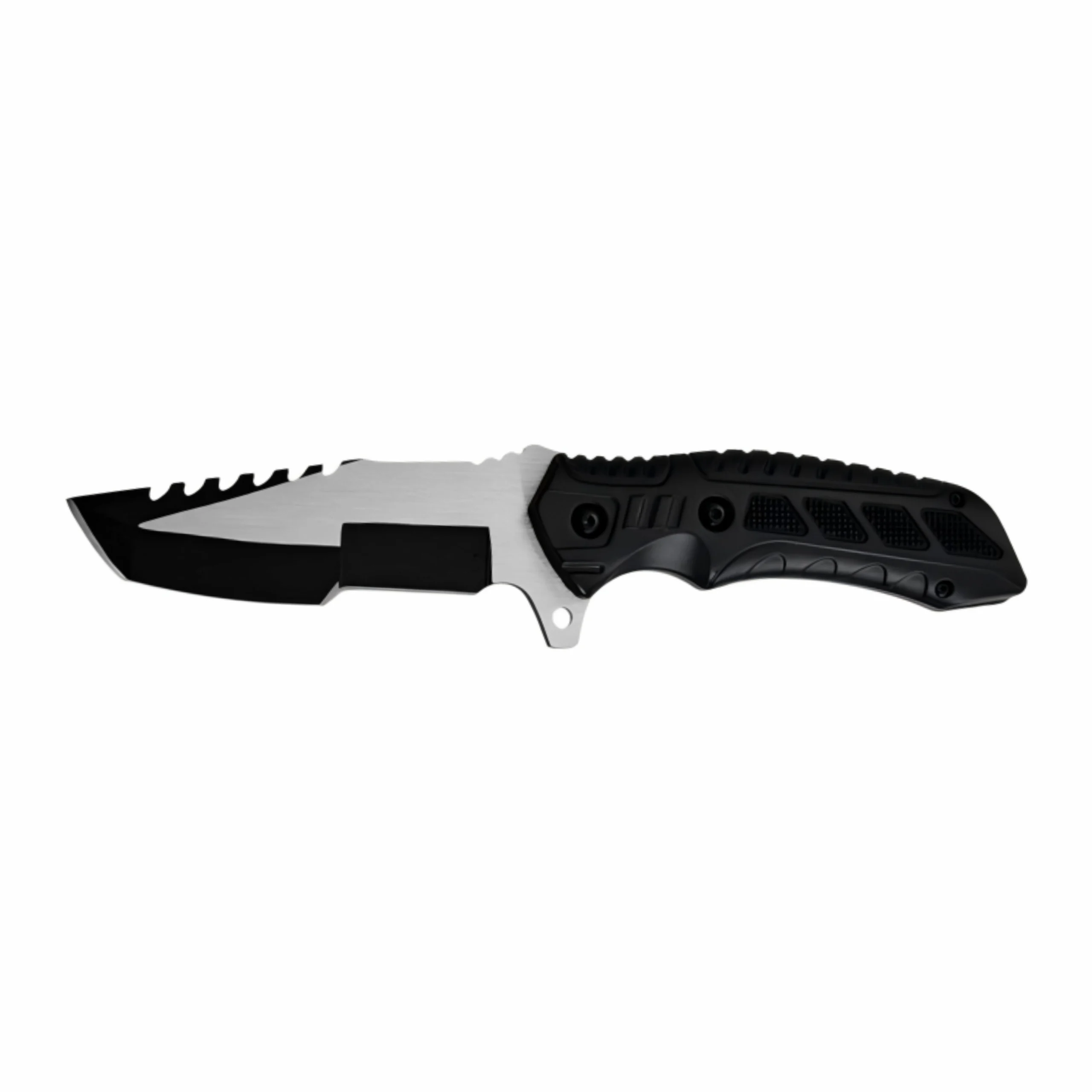 Profile view of a tactical fixed blade outdoor knife featuring a two-tone satin and black blade with a serrated spine, isolated on white background. KL-OD-SS-024