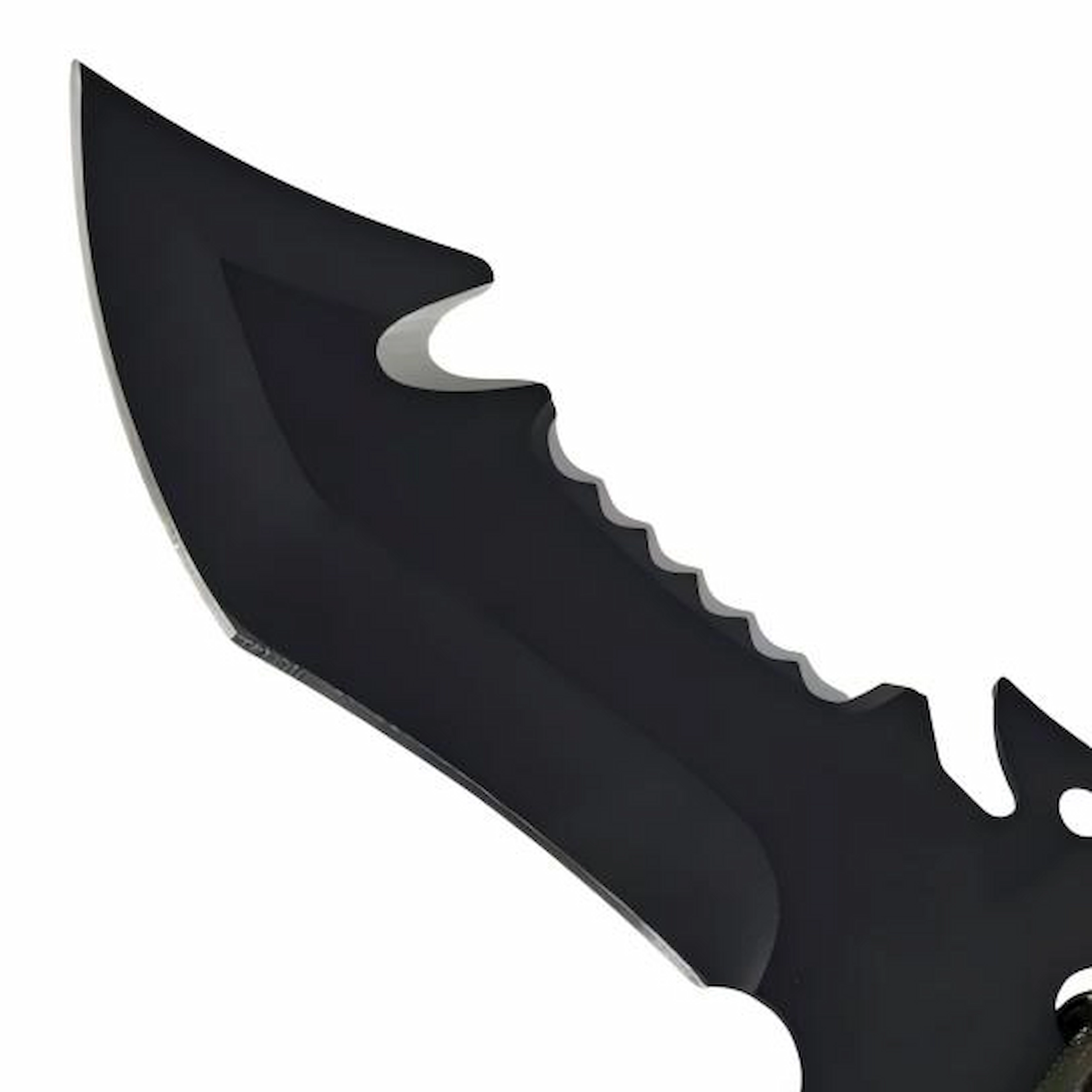 Close-up of black oxide tactical tanto knife blade with serrated spine isolated on white background. SKU: KL-OD-TI-007