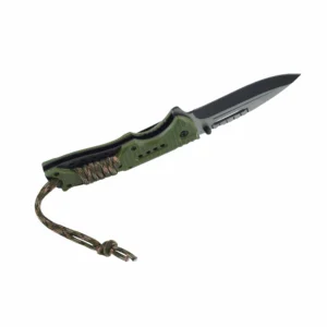 Perspective view of open tactical folding knife with green G10 handle, isolated on white background. KL-OD-SS-011