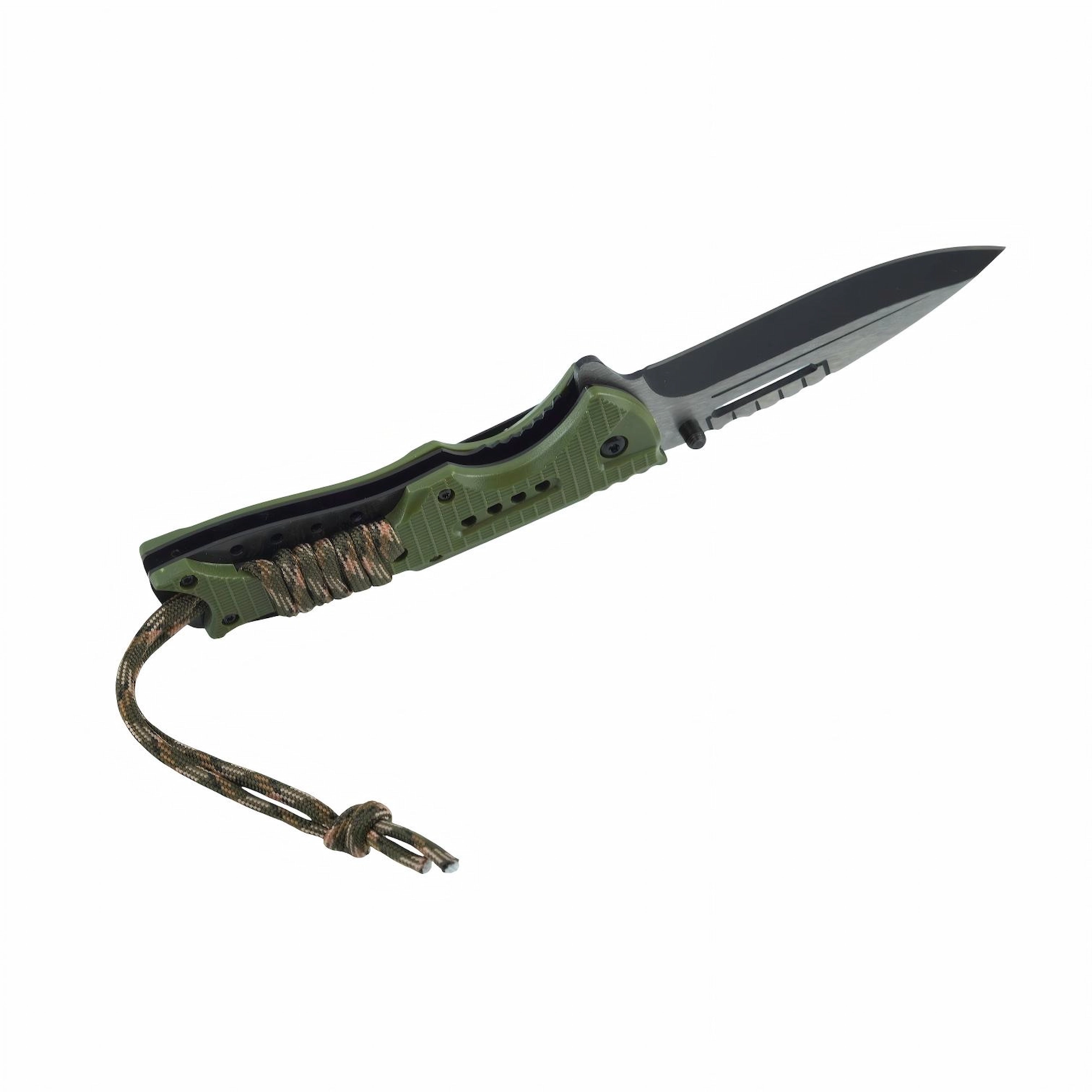 Perspective view of open tactical folding knife with green G10 handle, isolated on white background. KL-OD-SS-011