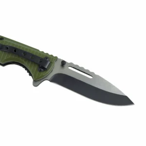 Close-up of tactical folding knife showing black oxide coated blade detail, isolated on white background. KL-OD-SS-011