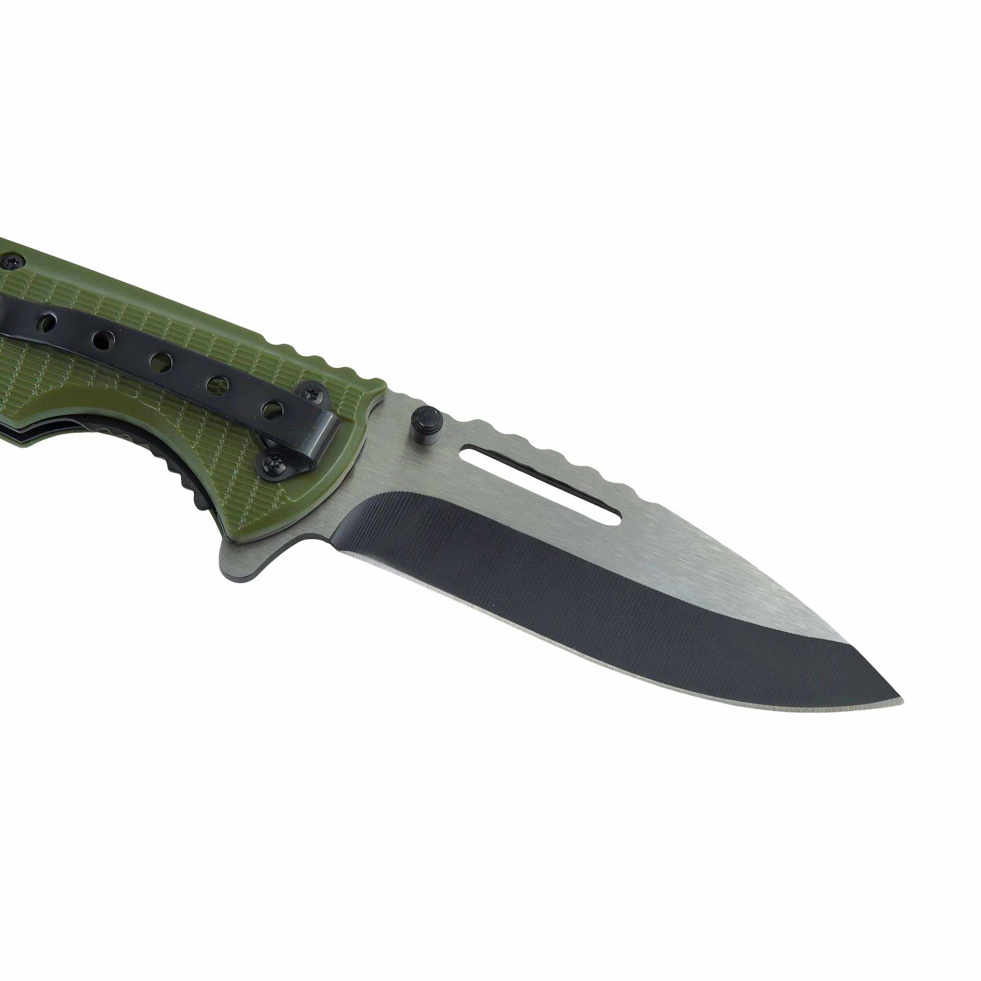 Close-up of tactical folding knife showing black oxide coated blade detail, isolated on white background. KL-OD-SS-011