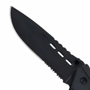 Close up of black oxide coated serrated blade isolated on white background KL-OD-TI-010
