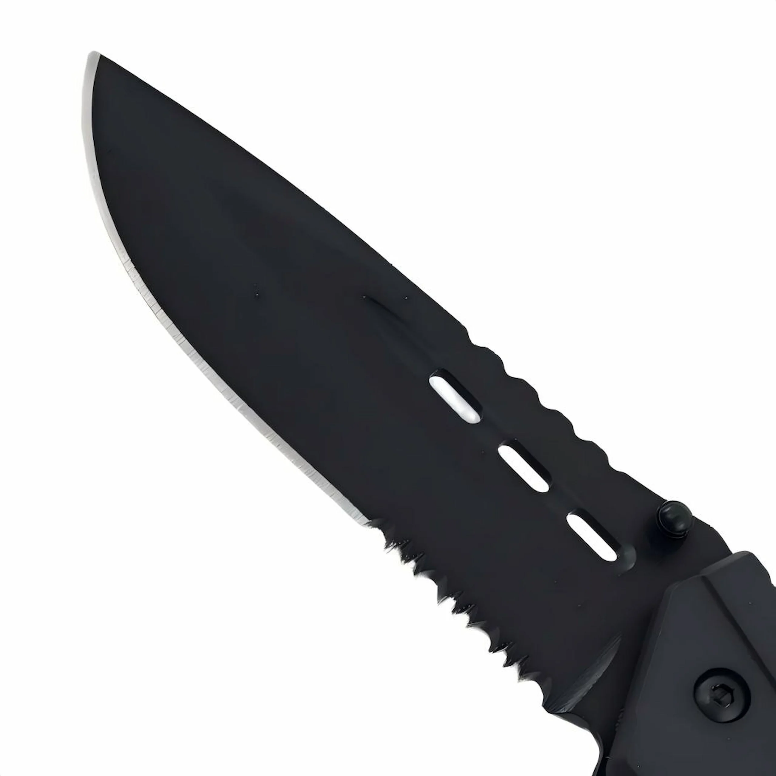 Close up of black oxide coated serrated blade isolated on white background KL-OD-TI-010