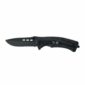 Black tactical folding knife with serrated blade isolated on white background KL-OD-TI-010