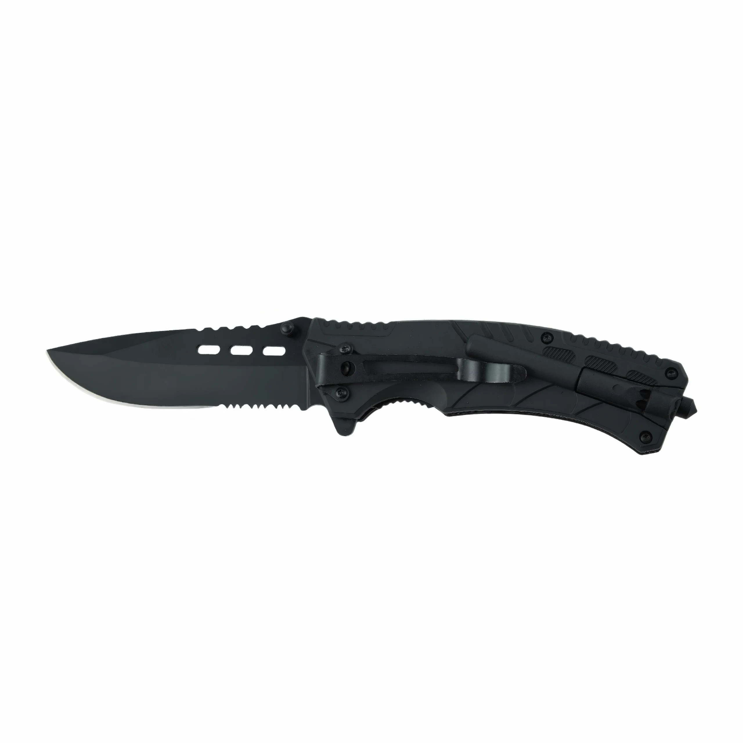 Black tactical folding knife with serrated blade isolated on white background KL-OD-TI-010