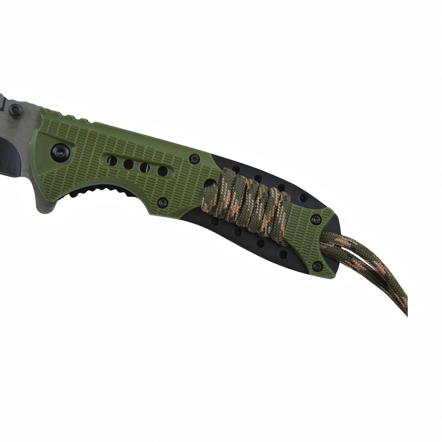 Close-up of tactical folding knife with olive green G10 handle and camo paracord, isolated on white background. KL-OD-SS-011