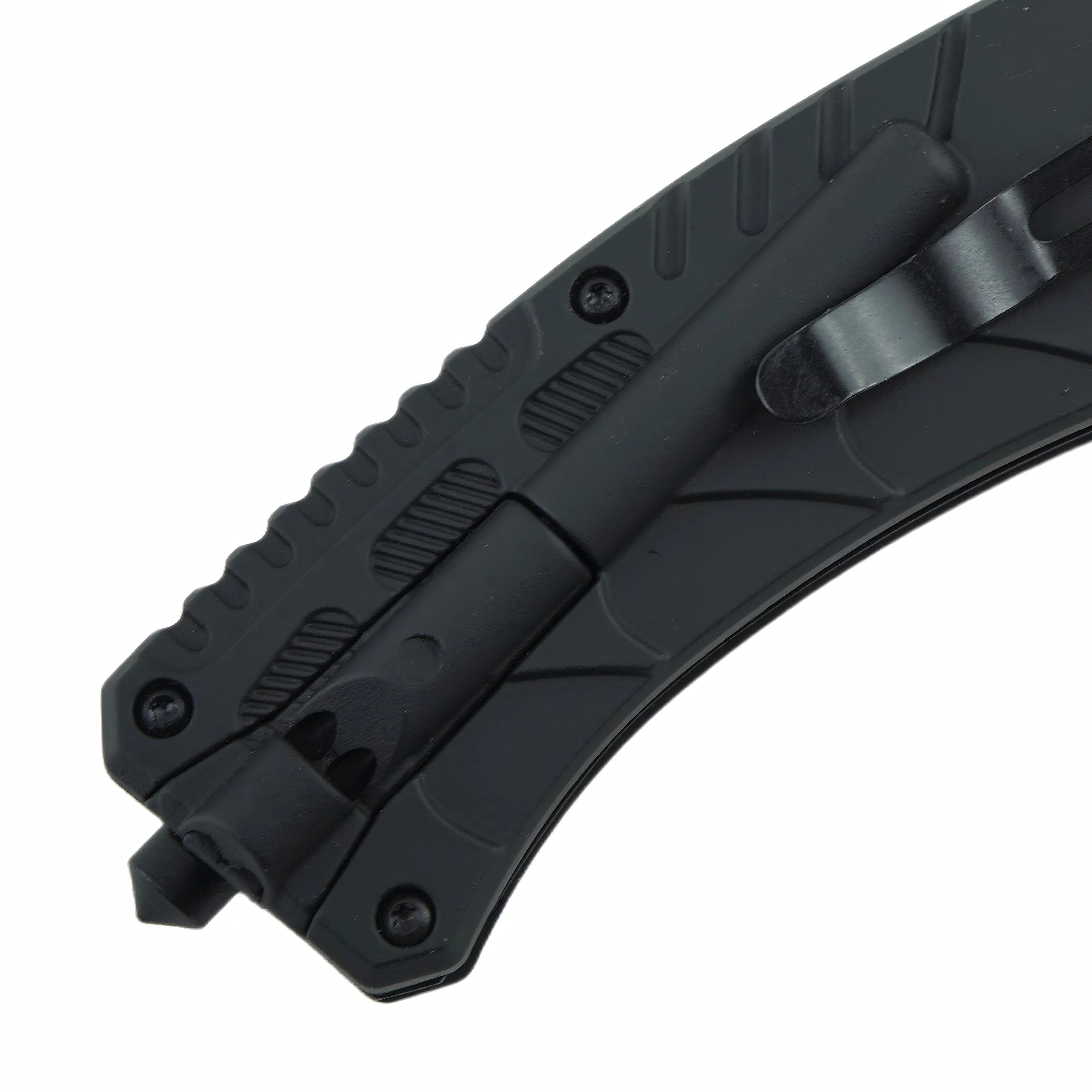 Close up of black anodized aluminum handle with pocket clip isolated on white background KL-OD-TI-010