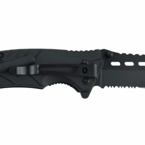 Side view of black tactical folding knife with pocket clip isolated on white background KL-OD-TI-010