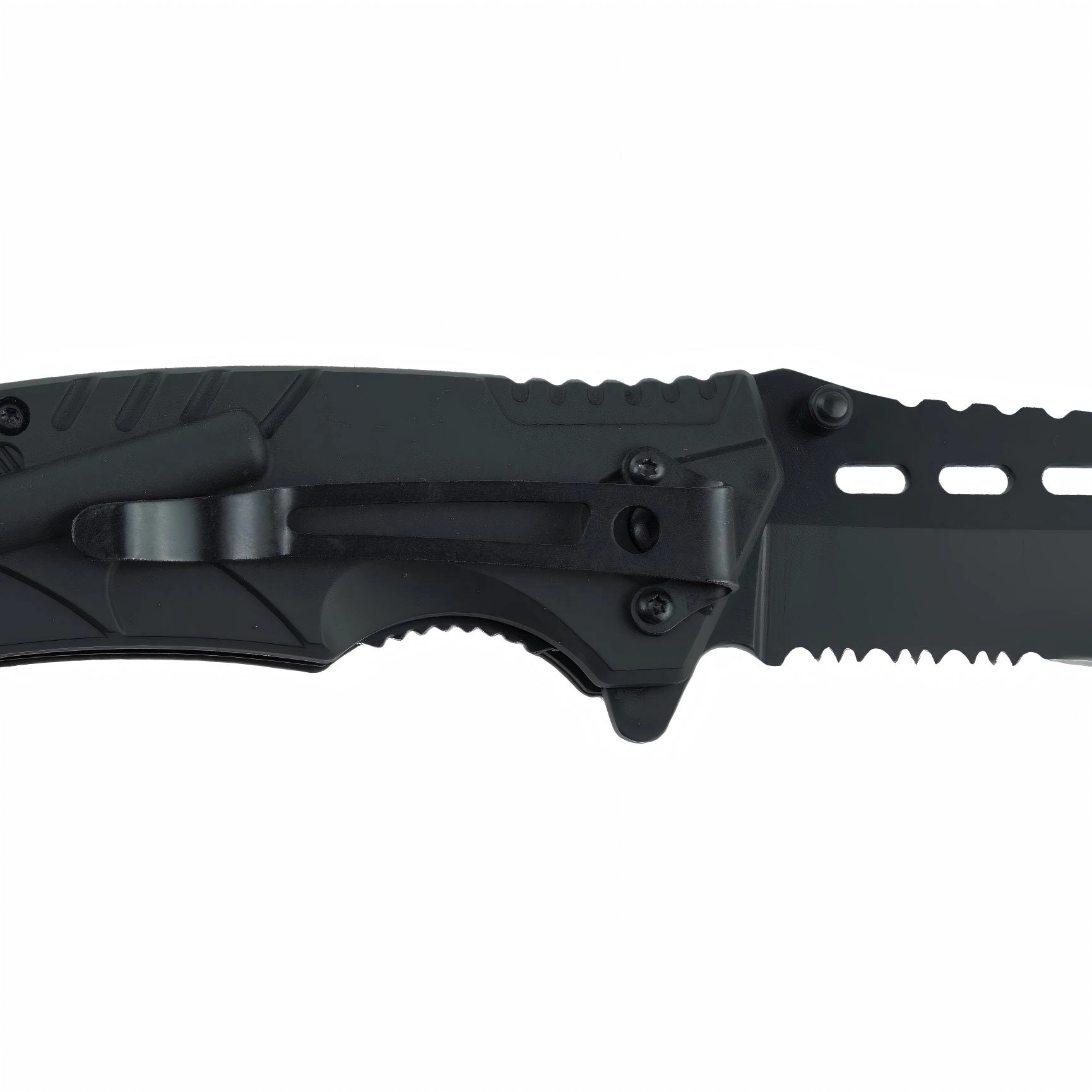 Side view of black tactical folding knife with pocket clip isolated on white background KL-OD-TI-010