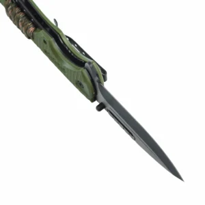 Close-up spine view of opened tactical folding knife with black blade and green G10 handle, isolated on white background. KL-OD-SS-011