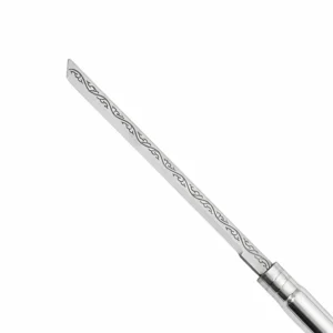Close up of engraved scroll patterns on stainless steel tactical pen knife blade isolated on white background, KL-OD-SS-001.