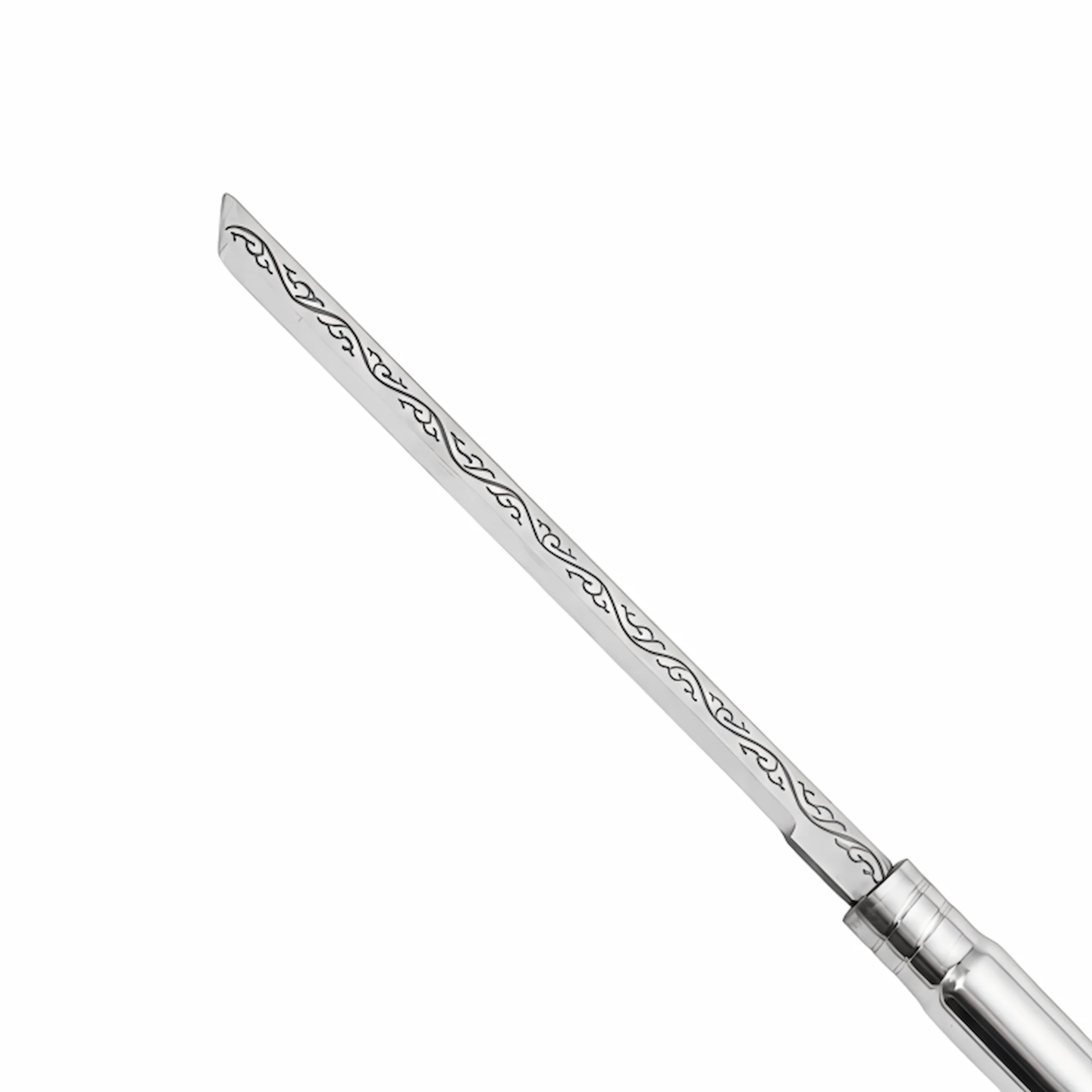Close up of engraved scroll patterns on stainless steel tactical pen knife blade isolated on white background, KL-OD-SS-001.