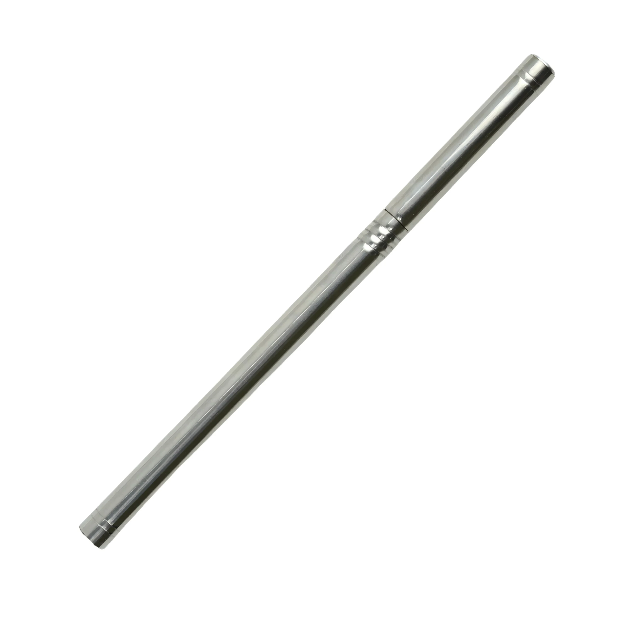 Stainless steel tactical pen knife with hidden blade enclosed in sleek tube sheath isolated on white background, KL-OD-SS-001.