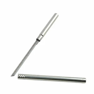 Stainless steel tactical pen knife with vine floral etching displayed at 45 degree angle isolated on white background, KL-OD-SS-001.