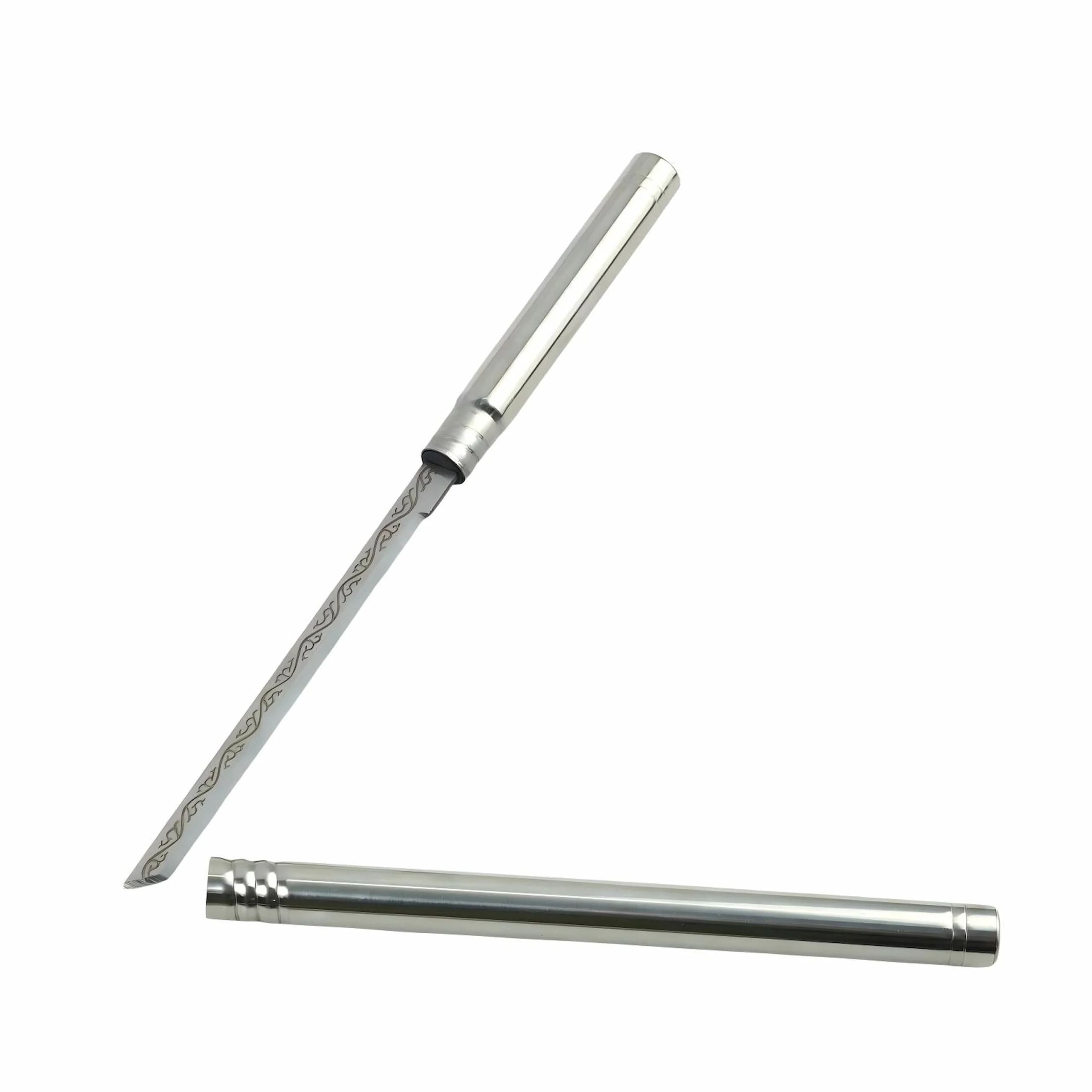 Stainless steel tactical pen knife with vine floral etching displayed at 45 degree angle isolated on white background, KL-OD-SS-001.