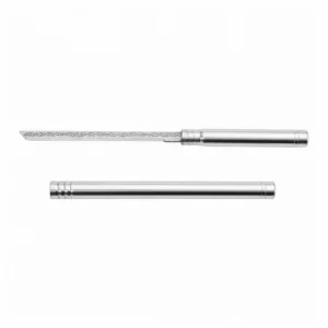 Stainless steel tactical pen knife with cylindrical tube sheath isolated on white background, KL-OD-SS-001.