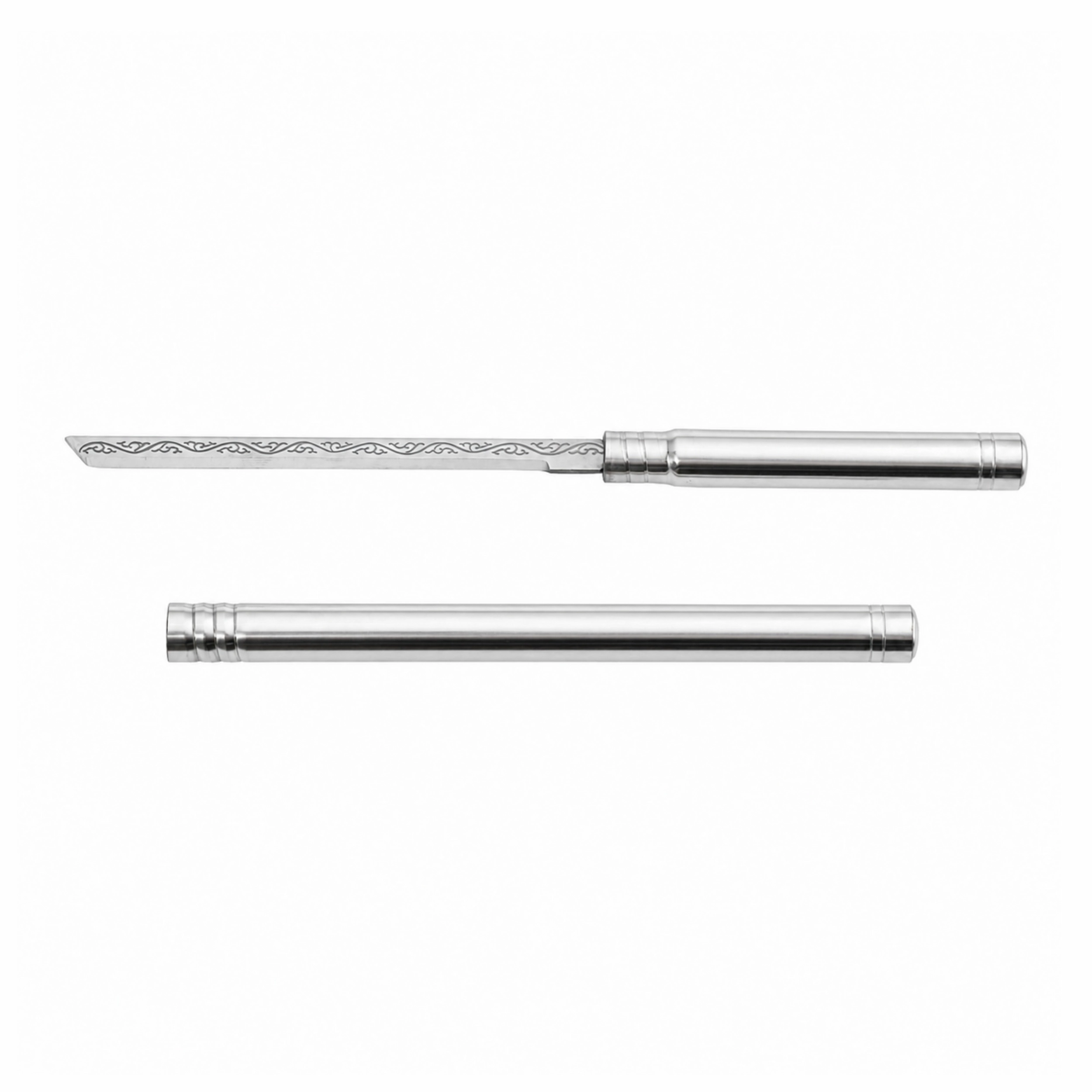 Stainless steel tactical pen knife with cylindrical tube sheath isolated on white background, KL-OD-SS-001.