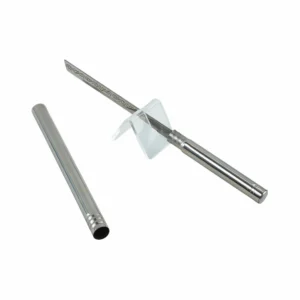 ：Engraved stainless steel tactical pen knife displayed on acrylic stand isolated on white background, KL-OD-SS-001.
