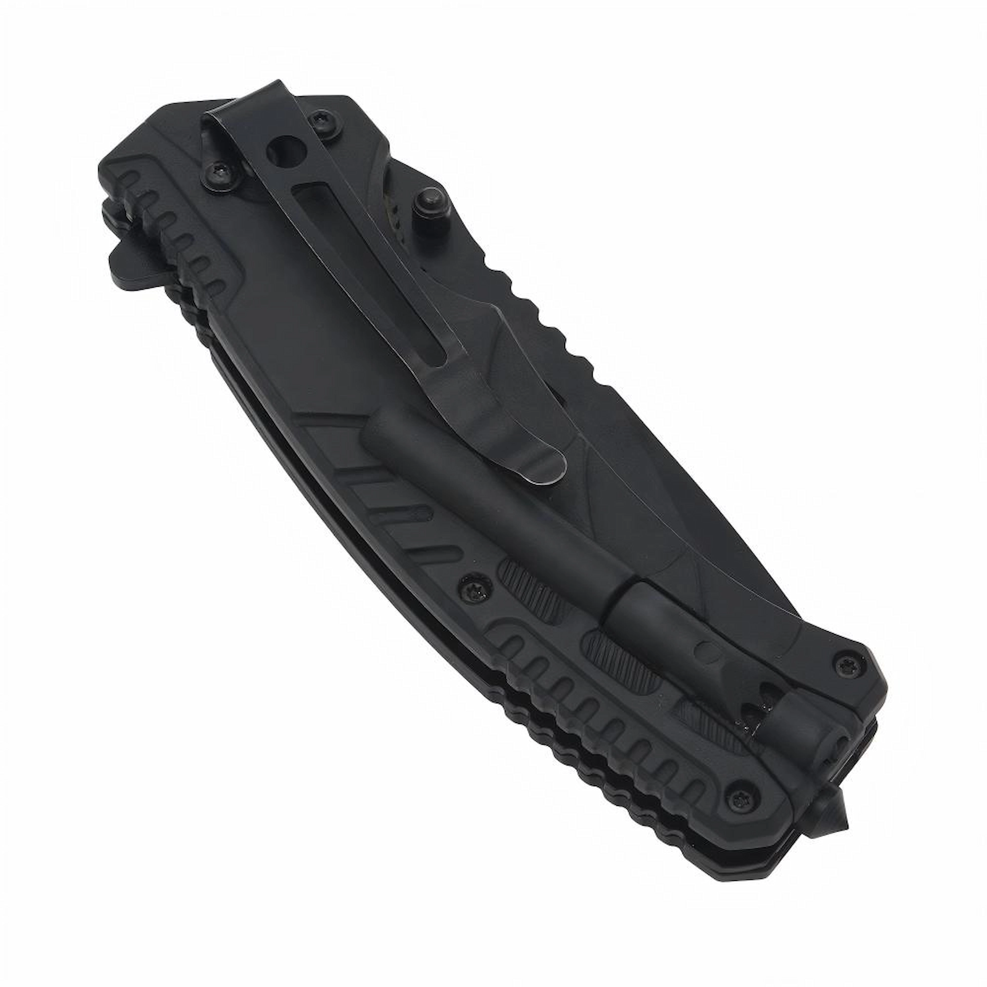 Black tactical pocket folding knife in folded state isolated on white background KL-OD-TI-010