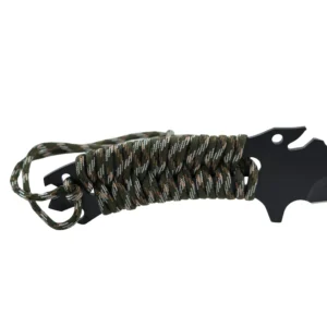 Close-up of camo paracord wrapped handle on tactical survival knife isolated on white background. SKU: KL-OD-TI-007