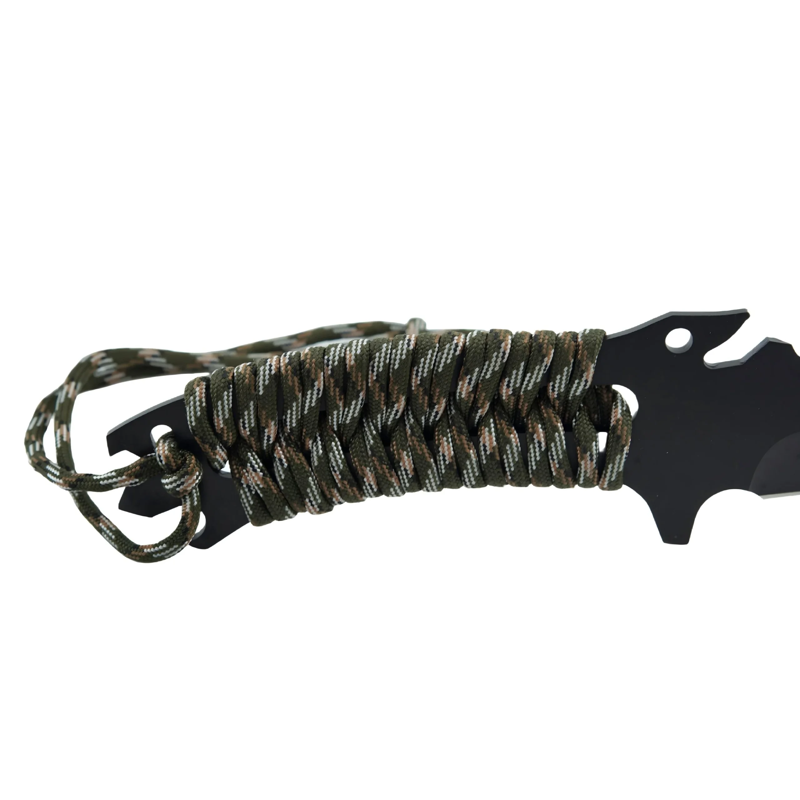 Close-up of camo paracord wrapped handle on tactical survival knife isolated on white background. SKU: KL-OD-TI-007