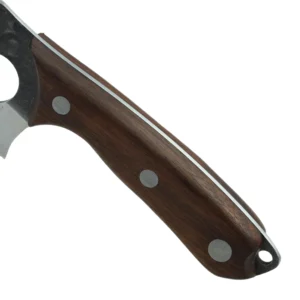 Premium walnut wood handle with full tang stainless rivets isolated on white background. SKU KL-OD-HC-006
