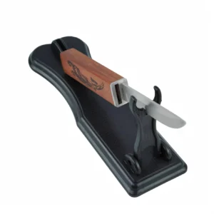 Wood carving knife displayed on a black presentation stand, isolated on white background. KL-OD-SS-017