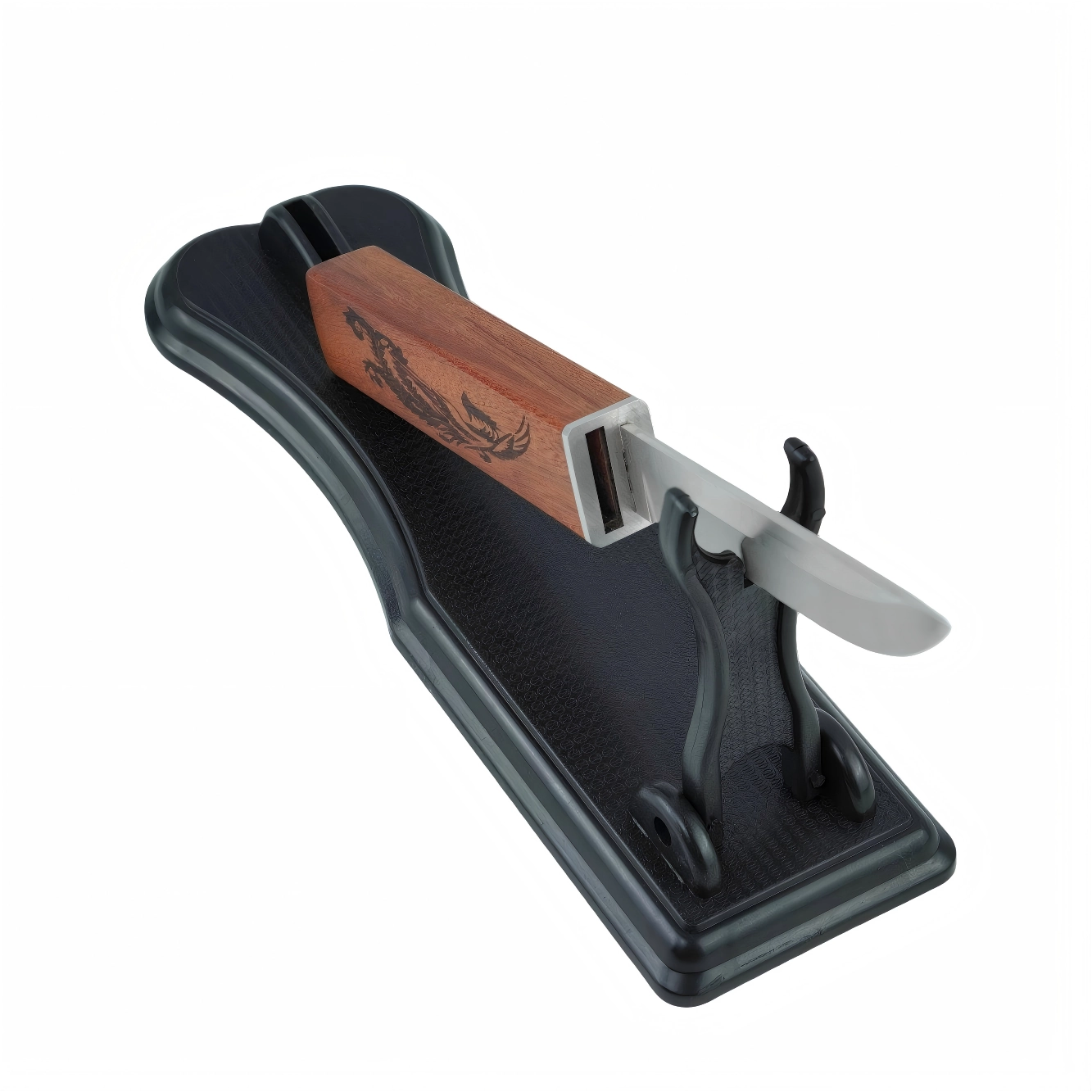 Wood carving knife displayed on a black presentation stand, isolated on white background. KL-OD-SS-017