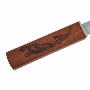 Close-up of laser engraved pattern on octagonal wood carving knife handle, isolated on white background. KL-OD-SS-017