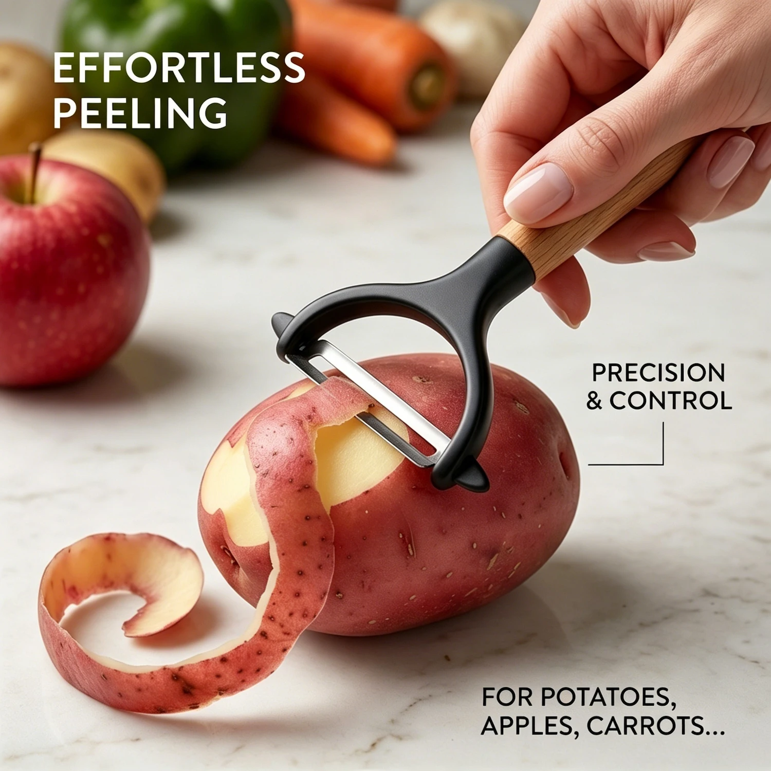 Y-shaped vegetable peeler being held in hand to peel a red potato in kitchen environment, KL-KA-PL-001.