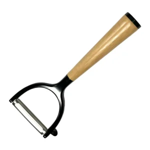 Y-shaped vegetable peeler with wide stainless steel blade and beech wood handle isolated on white background, KL-KA-PL-001.