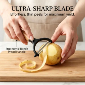 ：Ergonomic beech wood handle Y-peeler being held in hand to slice a yellow potato on cutting board, KL-KA-PL-001.