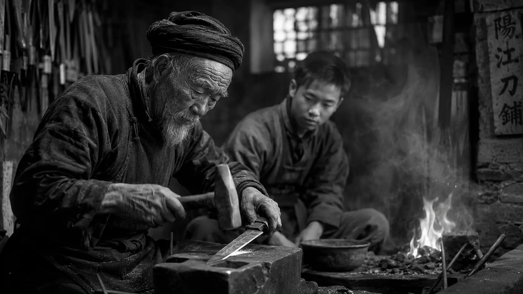 Traditional Yangjiang knife blacksmith forging a blade with a hammer in an old cutlery workshop.