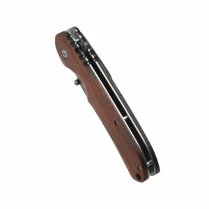 Top view of closed Damascus steel folding pocket knife showing its spine and steel liners, isolated on white background. KL-OD-SS-010