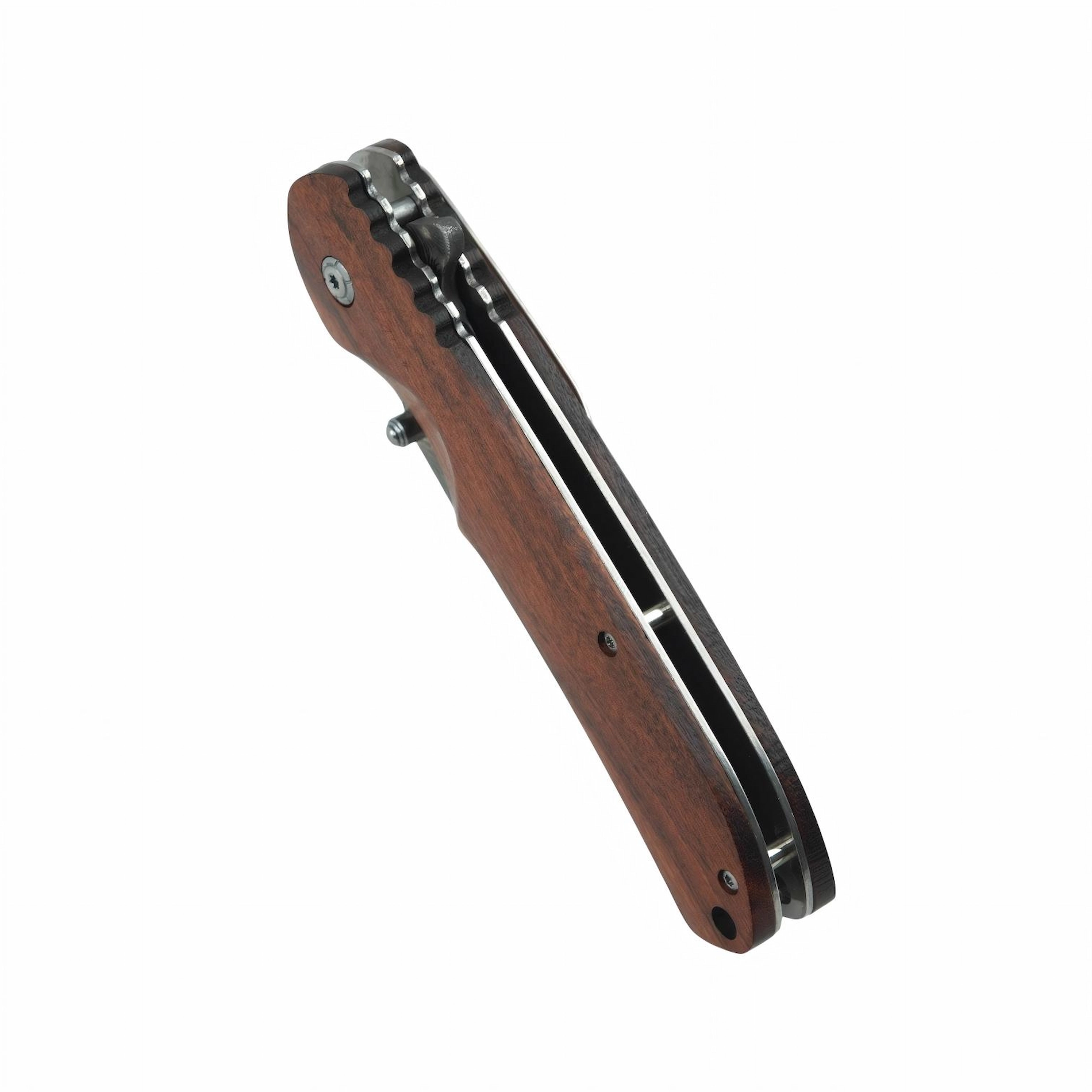 Top view of closed Damascus steel folding pocket knife showing its spine and steel liners, isolated on white background. KL-OD-SS-010