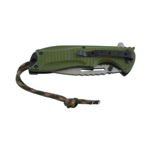 Closed tactical folding knife with green G10 handle and pocket clip, isolated on white background. KL-OD-SS-011