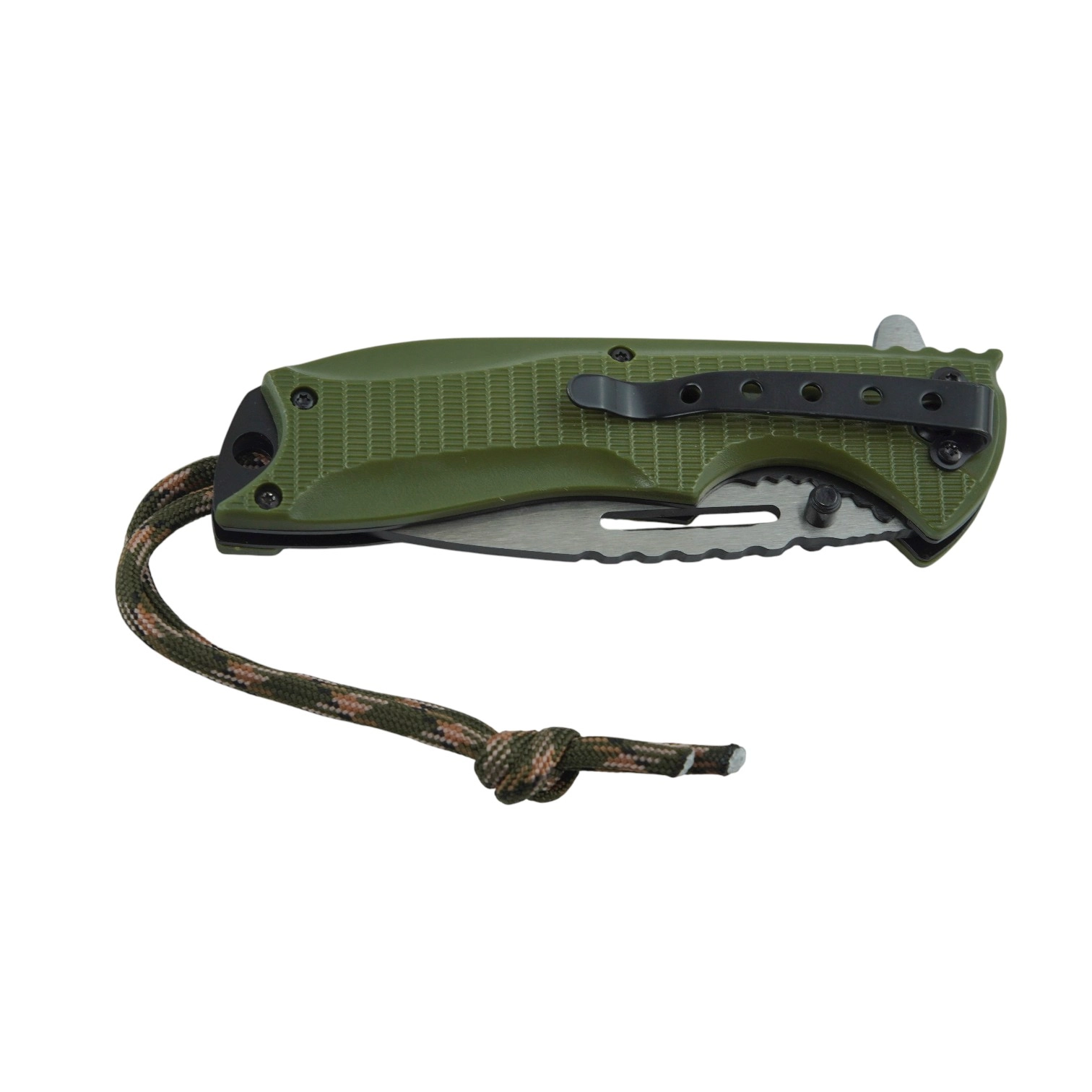Closed tactical folding knife with green G10 handle and pocket clip, isolated on white background. KL-OD-SS-011