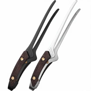 Two stainless steel BBQ carving forks in silver and black matte finishes with walnut handles isolated on white background KL-KA-BBQ-009