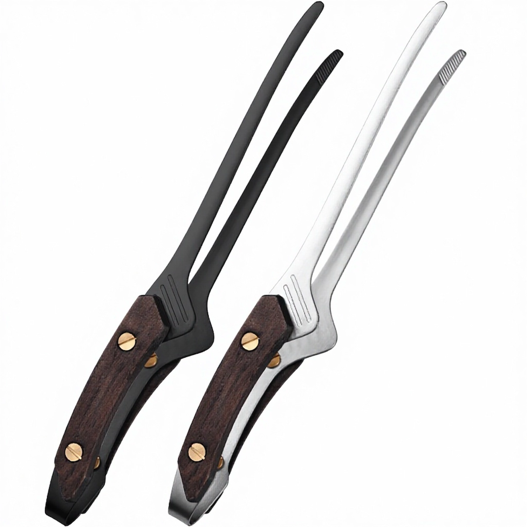 Two stainless steel BBQ carving forks in silver and black matte finishes with walnut handles isolated on white background KL-KA-BBQ-009